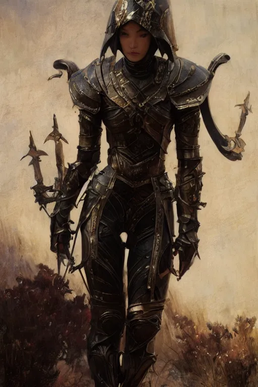 Image similar to stoya wearing black medieval armour, bare legs, detailed, by gaston bussiere, bayard wu, greg rutkowski, giger, maxim verehin, greg rutkowski, masterpiece, sharp focus, cinematic lightning