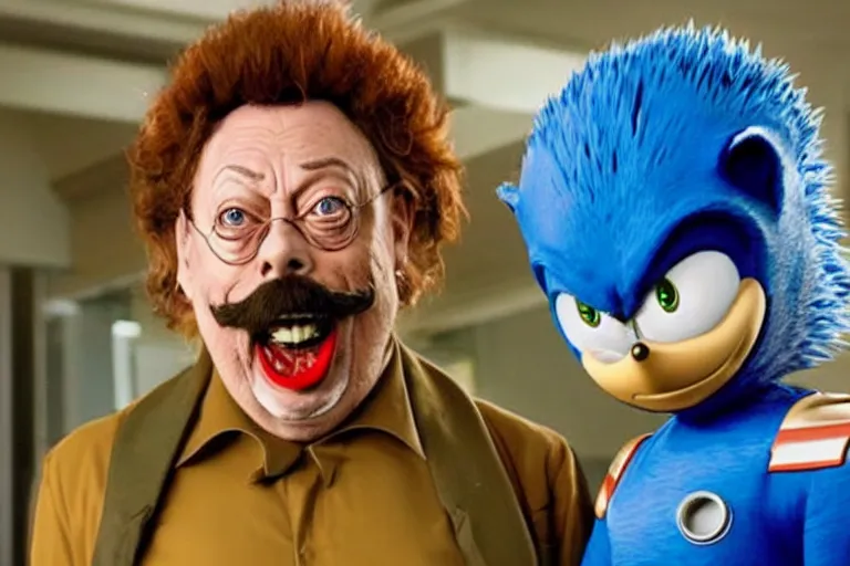 Image similar to tim curry as doctor robotnik in the live action sonic the hedgehog movie, movie still