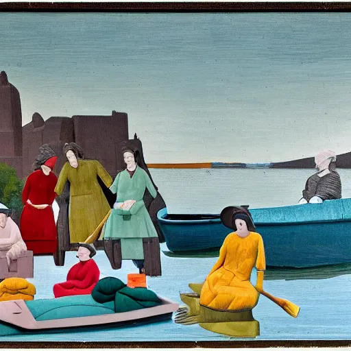 Image similar to by lawren harris monumental, washed - out. the sculpture of a group of well - dressed women & children enjoying a leisurely boat ride on a calm day. the women are chatting & laughing while the children play with a toy boat in the foreground.