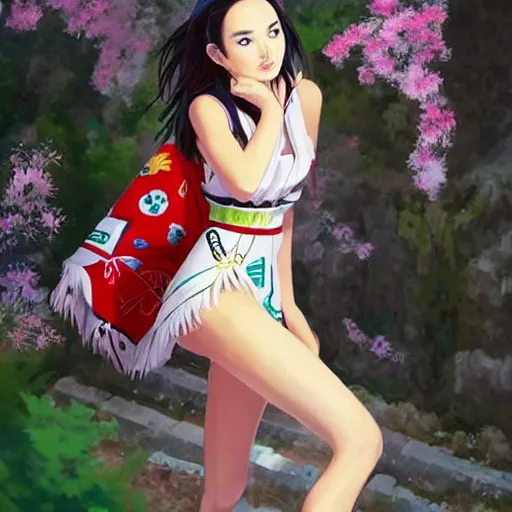 Image similar to a beautiful young japanese natalie portman alluring gravure model, anime art, wearing elegant designer overalls, elegant overalls with mesoamerican patterns, mesoamerican native street fashion, princess mononoke, painted by jamie hewlett and ashley wood, aesthetic, gorgeous, stunning, alluring, attractive, artstation, pinterest, digital art