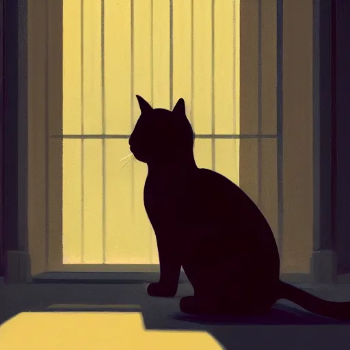 Prompt: close up of a cat stretching, in a house hallway, silhouette, warm colors, beautiful composition, by Atey Ghailan, by Craig Mullins and Dan Mumford, digital art, digital painting, trending on artstation,