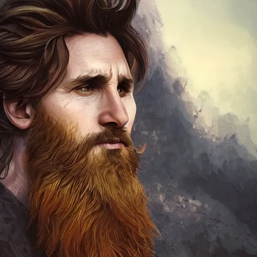 Image similar to Messi with a majestic beard, closeup, D&D, fantasy, intricate, elegant, highly detailed, digital painting, artstation, concept art, matte, sharp focus, illustration, art by Artgerm and Greg Rutkowski and Alphonse Mucha