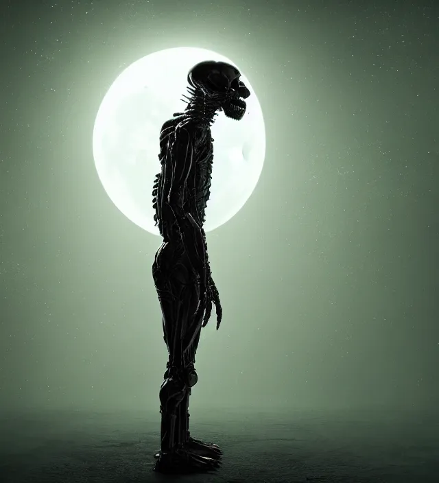 Image similar to a nightmare humanoid monster alien standing in front of a window, intricate spacesuit, moon light through the window, volumetric lighting, hyperealistic, 4 k, inspired by stephen king, inspired by lovecraft, inspired by jeffrey smith