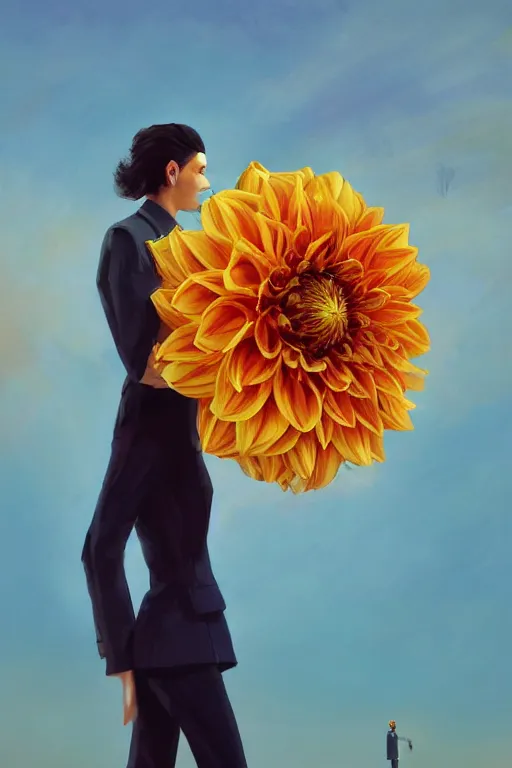 Image similar to giant dahlia flower head, frontal, girl in a suit, standing in street, surreal photography, sunrise, dramatic light, impressionist painting, digital painting, artstation, simon stalenhag