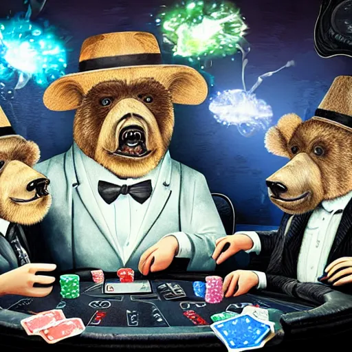 Prompt: photo realistic tardigrade and grizzly bear mobsters playing poker