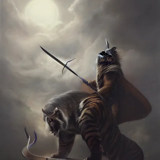 Prompt: by Tom Bagshaw, soft ultra realistic painting of a viking with his two swords. In front of him, there is a tiger, horror, omnipresent sky, symmetry of the precise features, very complex details, black and white, volumetric luminous clouds