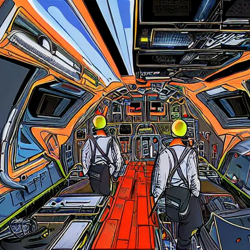 Prompt: the young crew prepare the multiverse hopper van ship for takeoff, digital art, stunning detail