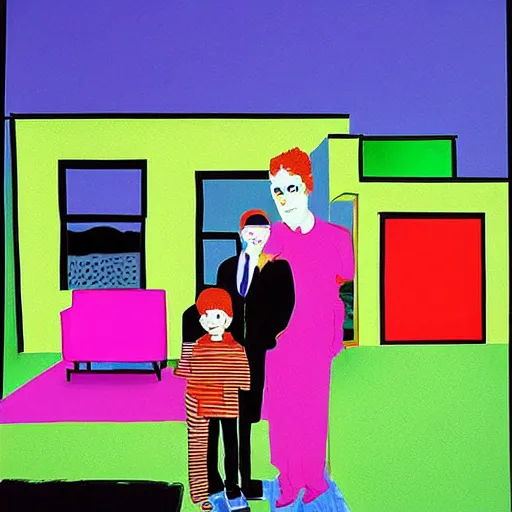 Image similar to A typical suburban family, who are hiding deep and dark secrets, Pop Art painting by David Hockney