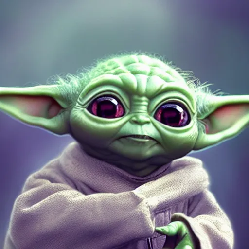 Image similar to Baby Yoda, portrait, fantasy, medieval, vivid colors, elegant, concept art, sharp focus, digital art, Hyper-realistic, 4K, Unreal Engine, Highly Detailed, HD, Dramatic Lighting by Brom, trending on Artstation