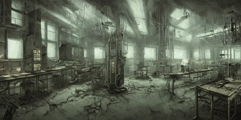 Image similar to abandoned laboratory with vacuum tube computers, early xx century technology, dark atmosphere, intricate, elegant, highly detailed, urban decay, digital painting, artstation, concept art, smooth, sharp focus, octane render, dramatic lighting, volumetric lighting, cinematic lighting, art by zdislav beksinski and hans giger