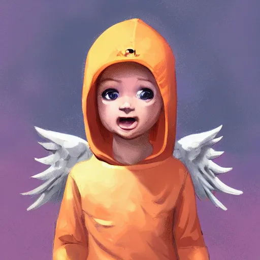 Image similar to baby Angel cherub,wearing angel halo, ski mask, balaclava, wearing angel halo covered face, orange hoodie, hip hop, multiple golden necklaces, fantasy art apex fortnite Video game icon, 2d game art gta5 cover , official fanart behance hd artstation by Jesper Ejsing, by RHADS, Makoto Shinkai and Lois van baarle, ilya kuvshinov, rossdraws