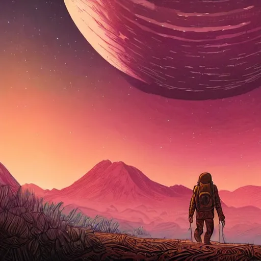 Prompt: weary traveller wandering through an alien world, by dan mumford, 4 k, beautiful, cinematic dramatic