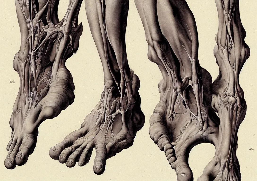 Image similar to human foot artists anatomy in the style of wayne barlowe, gustav moreau, goward, bussiere, roberto ferri, santiago caruso, luis ricardo falero, dali