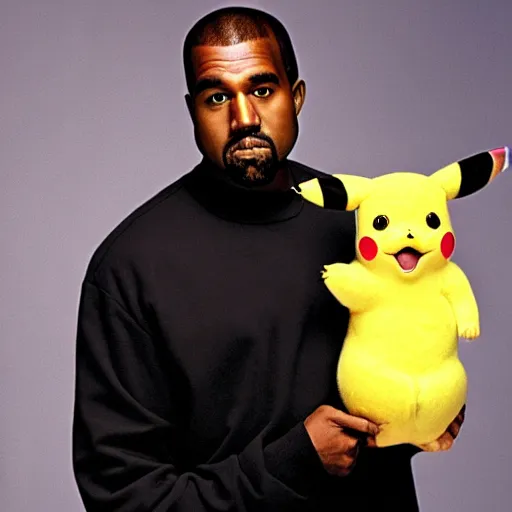 Image similar to kanye west smiling holding pikachu for a 1 9 9 0 s sitcom tv show, studio photograph, portrait c 1 2. 0