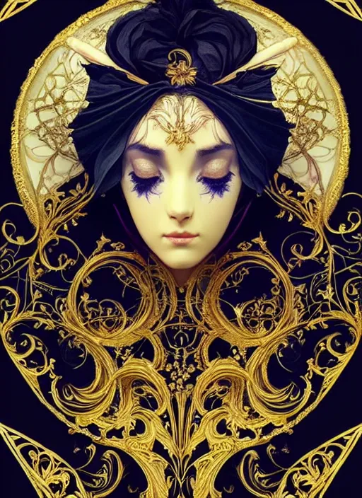 Image similar to beautiful black blue yellow, complicated gold and blue flowers in baroque style headwears, dark fantasy, intricate, elegant, highly detailed, digital painting, artstation, concept art, matte, 3 d 8 k octane rendered, sharp focus, illustration, octane rendered, art by artgerm and alphonse mucha, leesha hannigan