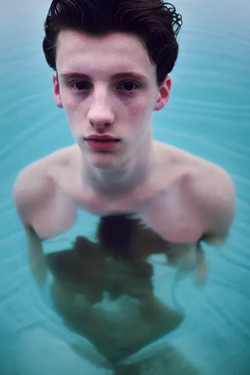 Prompt: high quality pastel coloured film mid angle docu photograph of a beautiful young 2 0 year old male, soft features, short black hair, clothed, in icelandic black rock pool environment. atmospheric. three point light. photographic. art directed. ( pastel colours ). volumetric light. clearcoat. waves glitch. 8 k. filmic.