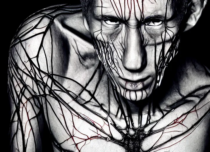 Image similar to mid shot portrait of samurai with transparent skin, visible muscle and bones and veins and nerves and internal organs, in the style of david cronenberg, high fashion, id magazine, realistic, sharp focus, 8 k high definition, film photography, photo realistic, insanely detailed, by david kostic and stanley lau and artgerm