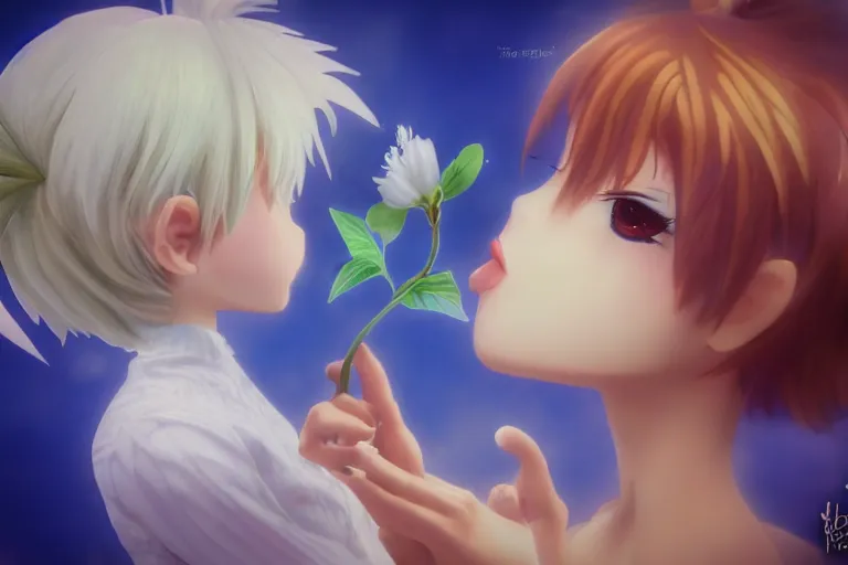 Image similar to (anime Tinkerbell) kissing a flower, hyper realism, macro shot