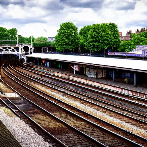 Prompt: idyllic photo of wimbledon station on the summer, beautiful weather, very very detailed, 8 k