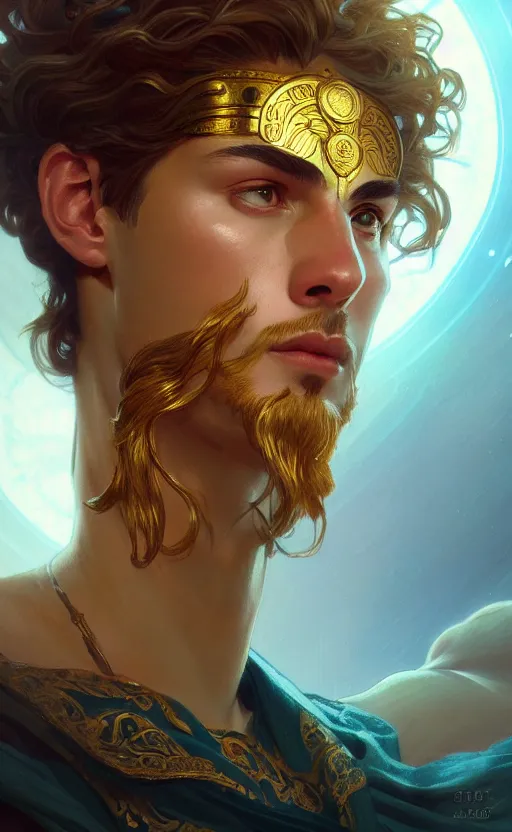 Image similar to portrait of the god jupiter, greek mythology, intricate, headshot, highly detailed, digital painting, artstation, concept art, sharp focus, cinematic lighting, illustration, art by artgerm and greg rutkowski, alphonse mucha, cgsociety