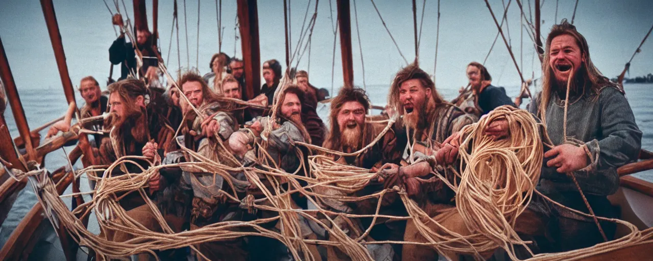 Prompt: vikings sailing on a boat filled with spaghetti, baltic sea, canon 5 0 mm, super detailed face, facial expression, cinematic lighting, photography, retro, film, kodachrome