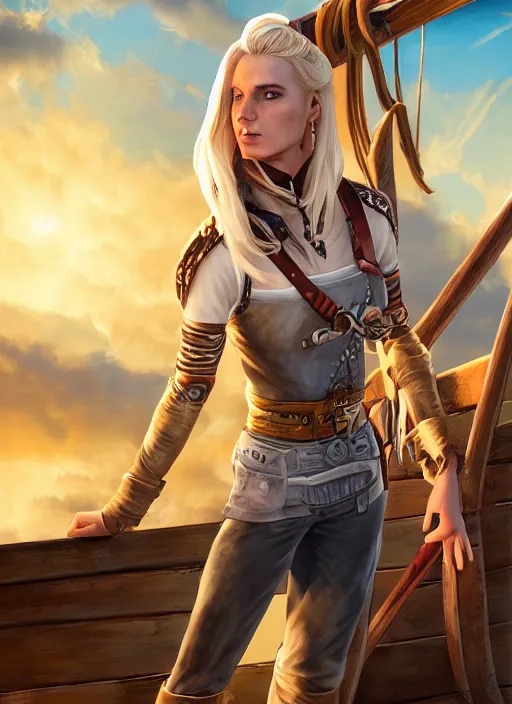 Image similar to An epic fantasy comic book style portrait painting of tall blonde haired female sky-pirate with a serious face and a pony tail in front of a metal gangplank in the style of the wheel of time, unreal 5, DAZ, hyperrealistic, octane render, cosplay, RPG portrait, dynamic lighting