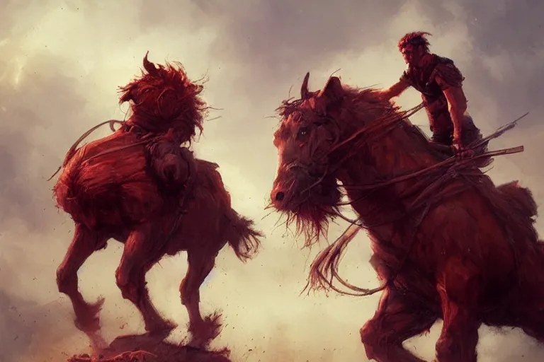 Image similar to Red ogre riding a horse, funny, portrait, Greg rutkowski