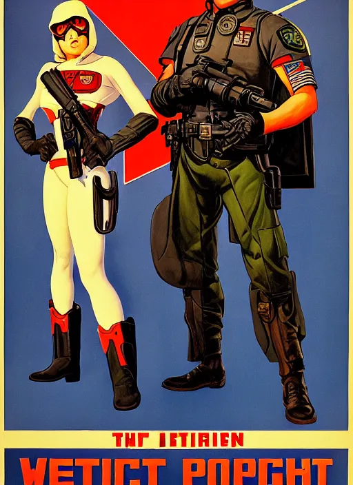 Image similar to american propaganda poster. cyberpunk police trooper. portrait by jean giraud and anton otto fischer and john philip falter and will eisner and gil elvgren. realistic proportions. character art. science fiction d & d. tf 2, overwatch.