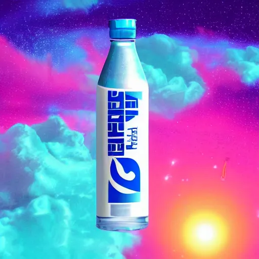 Prompt: a fiji water filled with space with a vaporwave background