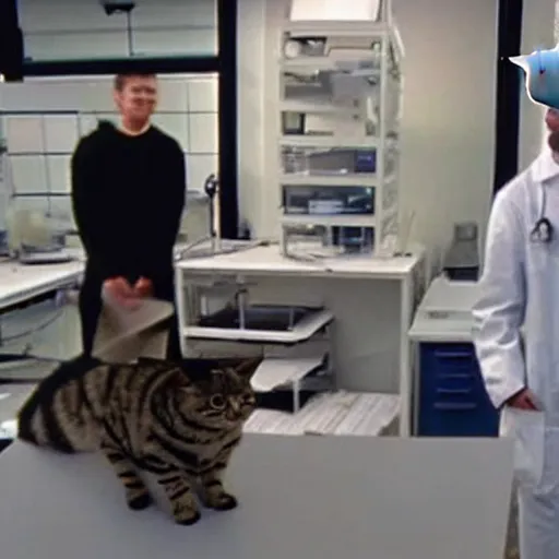 Prompt: a 2004 film still of a cat wearing a VR helmet, two people in lab coats standing behind the cat, one person has a clipboard, lab equipment in the background