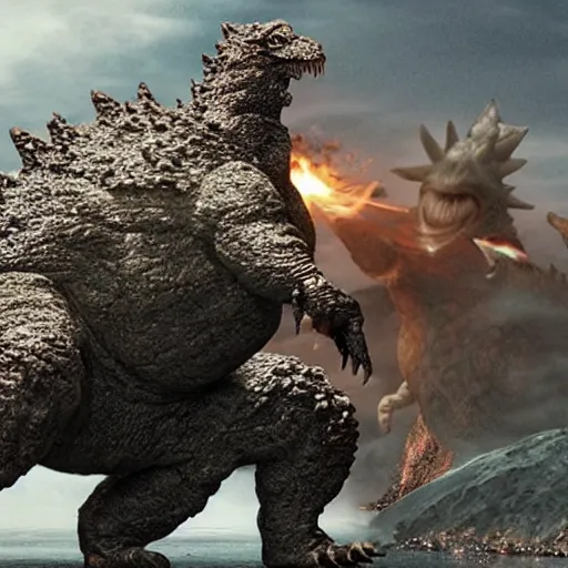 Image similar to a Caucasian fighting Godzilla