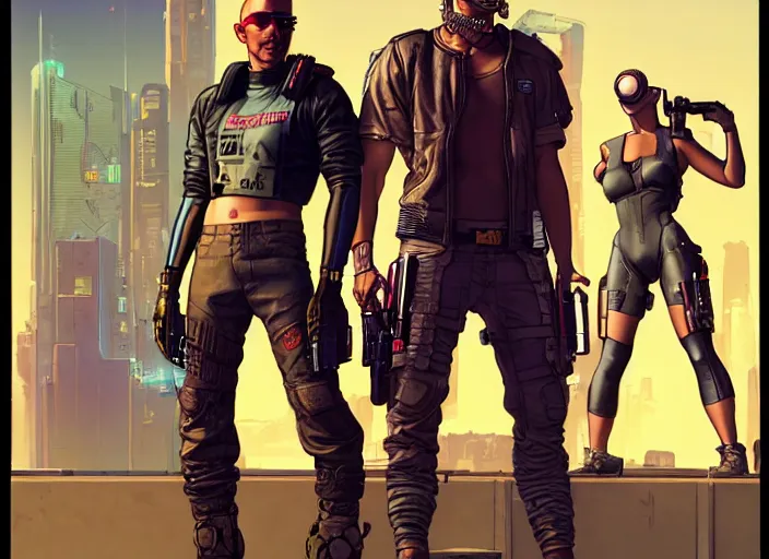 Image similar to cyberpunk mercenary team. portrait by stonehouse and mœbius and will eisner and gil elvgren and pixar. character design. realistic proportions. cyberpunk 2 0 7 7 character art, blade runner 2 0 4 9 concept art. cel shading. attractive face. thick lines. the team. diverse characters. artstationhq.