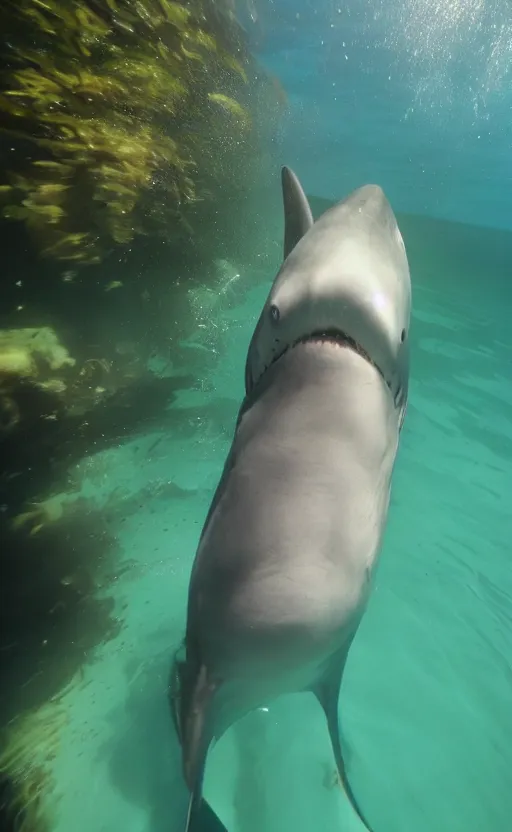 Image similar to im under water swimming with the fishes, i looked over and see a big shark swimming towards me, 8 k, gopro