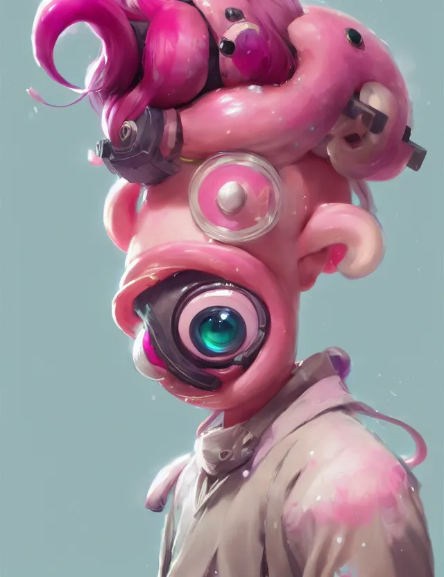 Image similar to a beautiful portrait of a cute splatoon anime male with pink hair. character design by cory loftis, fenghua zhong, ryohei hase, ismail inceoglu and ruan jia. artstation, volumetric light, detailed, photorealistic, fantasy, rendered in octane