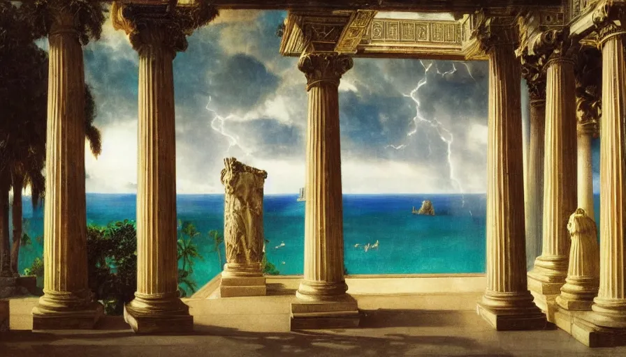 Image similar to Palace of the occult, mediterranean balustrade and columns, refracted sparkles, thunderstorm, greek pool, beach and Tropical vegetation on the background major arcana sky and occult symbols, by paul delaroche, hyperrealistic 4k uhd, award-winning, very detailed paradise