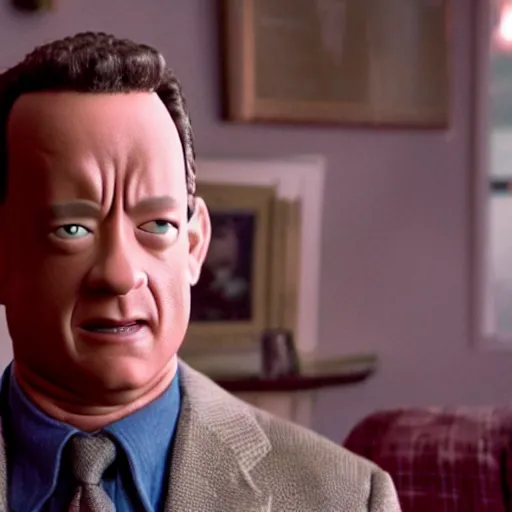 Prompt: still from a movie starring tom hanks with his head made out of a large tomato