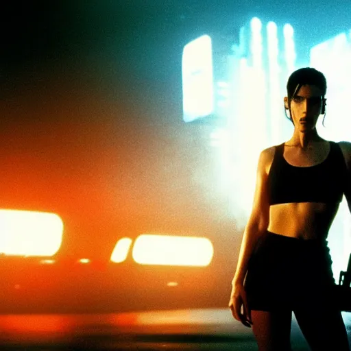 Image similar to jennifer connelly starring in a cyberpunk movie in a distopic futuristic city in the style of bladerunner, wearing a cropped black tank top, black boy shorts and black boots, firing a gun, muzzle flash, movie still, highly detailed, rainy night, volumetric lights, dramatic, scifi, sharp focus