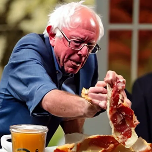 Prompt: bernie sanders stealing a piece of bacon