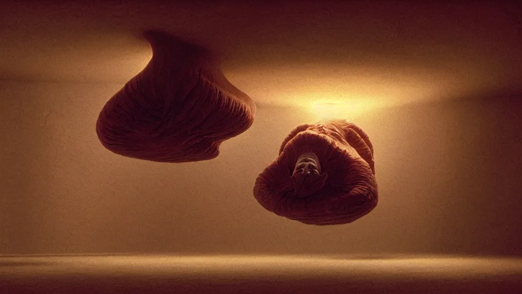 Image similar to a strange creature crawls on the living room ceiling, film still from the movie directed by Denis Villeneuve with art direction by Zdzisław Beksiński, wide lens