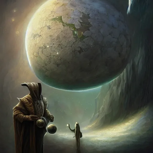 Image similar to masked nomad male wearing a cloak on an alien world and holding a holographic planet projection in his hand, detailed, sci - fi, digital painting, artstation, sharp focus, illustration, ominous, artgerm, tomasz alen kopera, peter mohrbacher, donato giancola, joseph christian leyendecker, wlop, frank frazetta