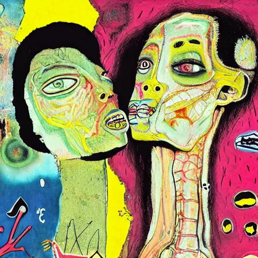 Image similar to beautiful painting of two bizarre psychedelic women kissing each other closeup on an alien planet, speculative evolution, mixed media collage by basquiat and junji ito, magazine collage art, paper collage art, sapphic art, lesbian art