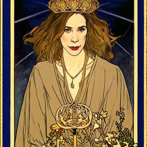 Image similar to sara paulson portrait by louis - theophile hingre and alphonse mucha, realistic, sharp focus, zodiac signs, tarot cards, planets, ethereal, art nouveau, magic, moon, sun, crown, dreamy, royal, jewellery