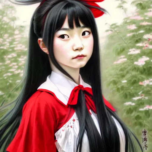 Image similar to Kotegawa Yui, Portrait of a girl with long black hair wearing a partial school uniform with a red skirt and white top, face, fantasy, intricate, elegant, highly detailed, digital painting, artstation, concept art, smooth, sharp focus, illustration, art by Fernanda Suarez and Artem Demura and alphonse mucha