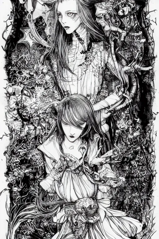 Image similar to Emo Alice in wonderland tarot card , pen and ink, intricate line drawings, by Yoshitaka Amano, Ruan Jia, Kentaro Miura, Artgerm, watercolor