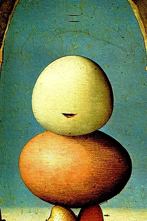 Image similar to hieronymus bosch painting of egg shaped humpty dumpty