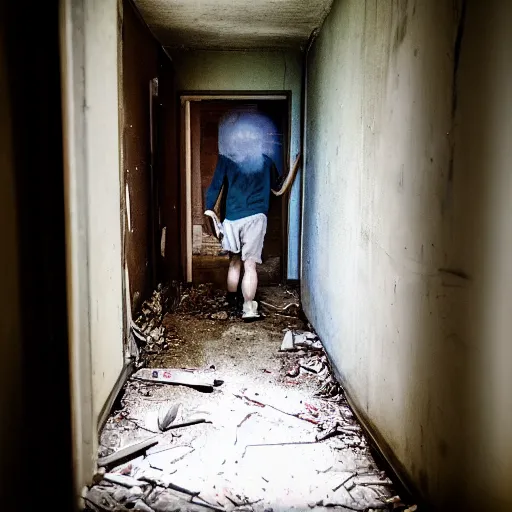 Image similar to high quality photo of a human like monster in the hallway of an old abandoned victorion house