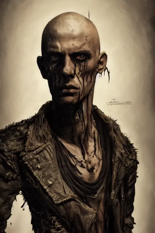 Image similar to a rough ugly young man, shaved head, gothic, tattered leather coat, intricate, elegant, dramatic lighting, ugly face, highly detailed, lifelike, photorealistic, digital painting, artstation, illustration, concept art, smooth, sharp focus, art by John Collier and Albert Aublet and Krenz Cushart and Artem Demura and Alphonse Mucha