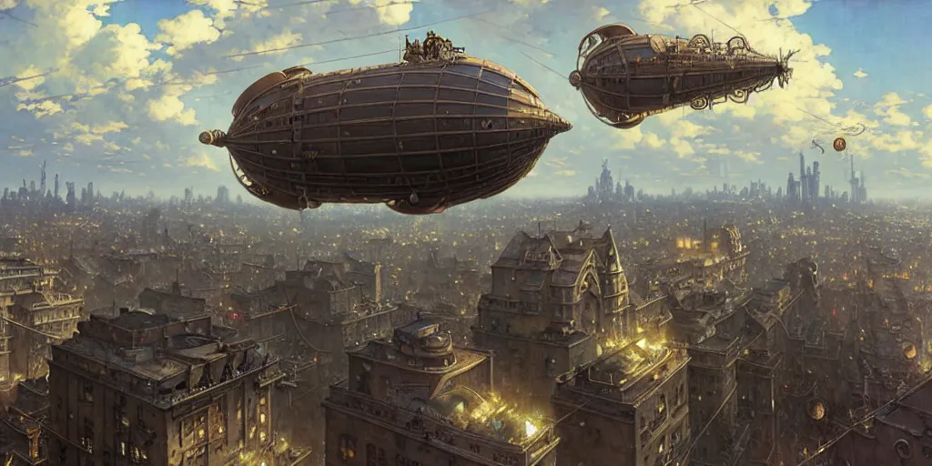 Image similar to steampunk airship above a busy city, exquisite details, denoised, mid view, by norman rockwell, karl kopinski, artsation, greg rutkowski, makoto shinkai, takashi takeuchi, studio ghibli