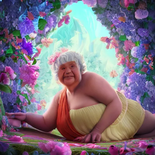 Image similar to of a very beautiful scene. ambient occlusion render. a sweet fat old woman is giving a birth to a huge colorful fish. flowery dress. mirror. symmetrical face, red mouth, blue eyes. deep focus, lovely scene. ambient occlusion render. concept art. unreal engine.