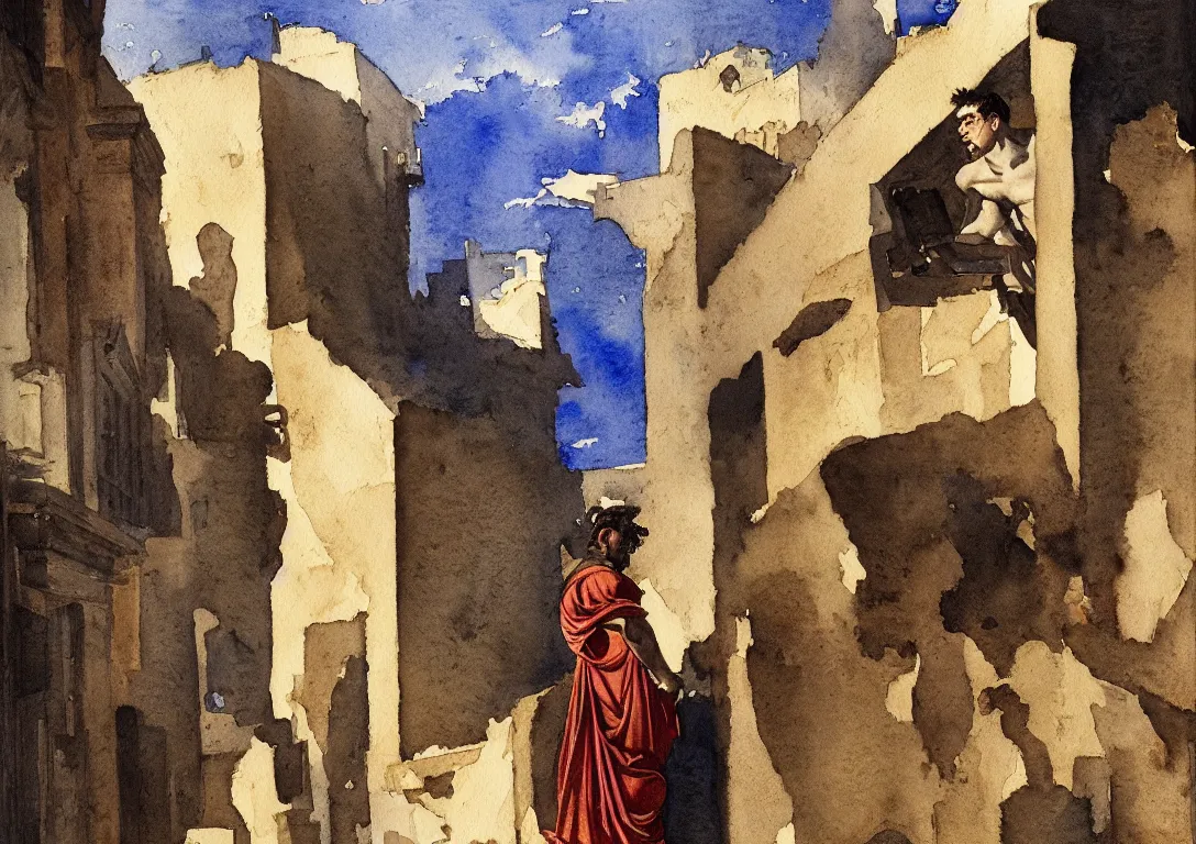 Image similar to watercolor of a latino greek god searching for a watchful light through the streets of a city, sparse detail, complementary color scheme, by george luks, caravaggio and moebius